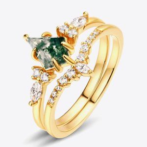 10K Gold-Plated Moss Agate Two-Piece Ring Set For Women